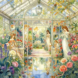 a beautifull intricate watercolor painting of greenhouse with many flowers, reflexions, verry high details, colorfull, by william turner art, by greg rutkowski, by alphonse mucha, by james jean, by rossdraws, by frank franzzeta, by sakimichan, trending on artstation, very very detailed, masterpiece,