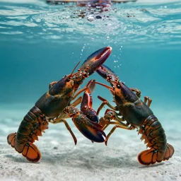 lobsters fighting under water