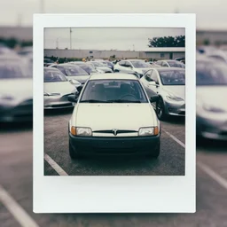 a fiat uno in front of thousands of tesla vintage scratched white borders polaroid photo. many tesla electric cars in the background