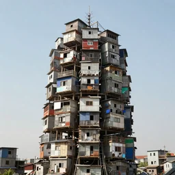 a tower made up of makeshift squatter shacks of different sizes, dystopia, sony a 7 r 3, f 1 1, fully frontal view, photographed by jeanette hagglund, ultra detailed,