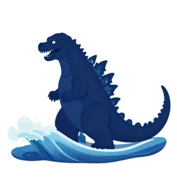 a blue water wave in the silhouette shape of Godzilla, cartoon drawing
