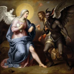 the virgin mary with a bigmak on her shoulder talks to satan while jesus is being taken away by the angel j. c. leyendecker