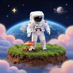 a piece of dirt with grass on it centralized, an astronaut standing on that piece of dirt ramming a toadstool in the dirt, stars and planet earth in the background, on the edges of the pictures are colorful clouds