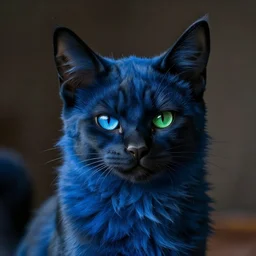 a blue - and - black male catbat fursona ( from the furry fandom ) with one blue eye, one green eye, and huge bat ears, photo portrait