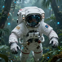 close - up portrait of space astronaut flying inside tropical jungle with palm leaves, small foggy and gloomy blue lights, 5 0 mm, bokeh background, highly detailed science fiction illustration by jeremy geddes. photorealistic, octane render, hyper detailed, 8 k, movie still, artstation, unreal engine