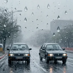 raindrops rolling down the windows morphing from raindrops into into cars made out of water painting by artgerm and greg rutkowski and magali villanueve.