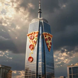 hyper detailed skyscraper made out of pepperoni pizza
