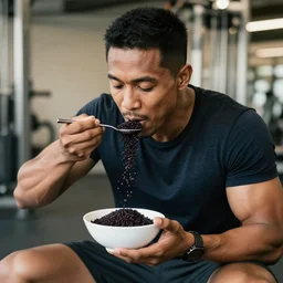 mr jaquasa eating black rice in the gym