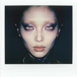 grainy color polaroid of a beautiful feminine alien, iridescent eyes, overtaken by darkness, dreamlike, intricate detail, sigma 85mm f/1.4, 4k