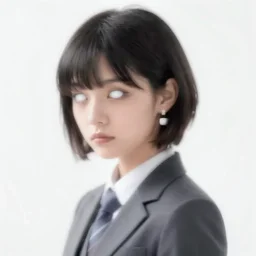 yoshitaka amano blurred and dreamy realistic three quarter angle horror portrait of a sinister young woman with short hair, big earrings and white eyes wearing office suit with tie, perfect blue color palette, black and white abstract patterns in the background, satoshi kon anime, noisy film grain effect, highly detailed, renaissance oil painting, weird portrait angle, blurred lost edges