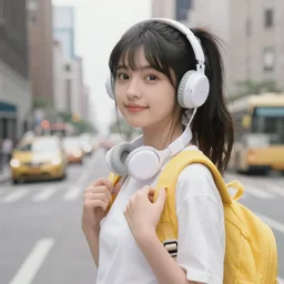 cute Chinese young woman with headphones and a yellow backpack in New York, she has a cat, highly detailed watercolor painting