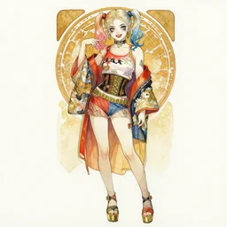 a watercolor portrait illustration by sui ishida and alphons mucha of a girl as harley quinn highly detailed anime eyes wearing wearing a vintage kimono as a skirt with cropped dragon print top, corset belt, and platform heels. by issey miyake and balenciaga 8 k