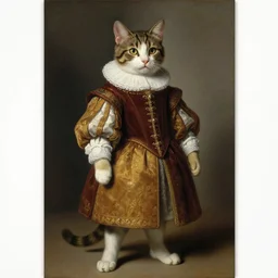 full body portrait of a cat wearing renaissance clothes. art by rubens, oilpainting, sharp focus, very detailed, hyper realistic, rich colors