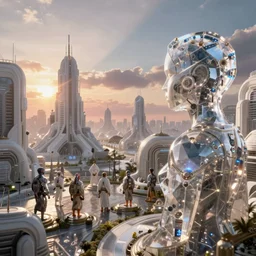 a cinematic composition depicting : a translucid crystal - being viewing how a high tech lush solarpunk tribe with their technology is encroaching on a distant cyberpunk world with white clad buildings at sunrise