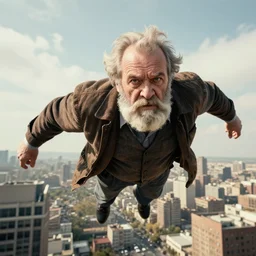 huge ugly old man flying above the city