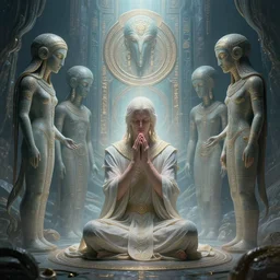 symmetry!! the ethereal dream of a man praying to the anunaki, ancient astronauts, intricate, very detailed, perfect lighting, perfect composition, artgerm, derek zabrocki, greg rutkowski, 4 k