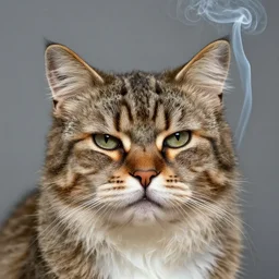 photographic portrait of a wrinkly sad max ernst fluffy cat face, editorial, spiraling cigarette smoke