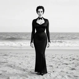 b & w photo of morticia addams at the beach