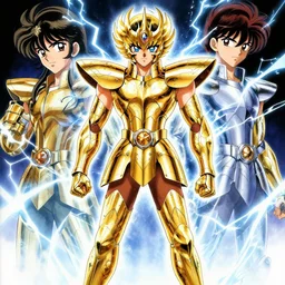 masami kurumada and nobuhiro watsuki and callarin, a detailed description of gold saint, saint seiya, grim expression, full body gold armor, centered composition, lightning + frost elements, japanese manga, manga poster, fine work, 8 k, hd, unreal engine, artgerm