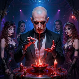 hyper realistic matte painting portrait bald british man tweakers!! addicts!! groupies! performing ritual blood!! magic! interior of goth club electric lighting greg rutkowski artstation hdr vaporwave ( ( ( ( alphonse mucha ) ) ) )