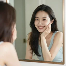 she smiles when she recognizes her reflection in the mirror, she knows it is good