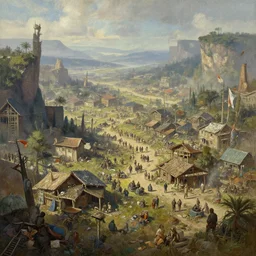 a busy and thriving settlement that has been built by survivors in a post apocalyptic world in the style of Sylvain Sarrailh,  beautiful digital art, cinematic composition, detailed, concept art, Matt painting, oil painting, high res