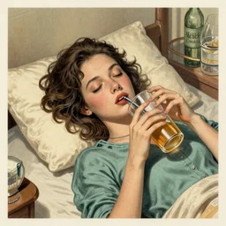 sleepy drinker woman, hyper detailed, photo realism, Vintage Magazine Illustration