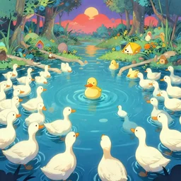 psychedelic trippy dreamy featuring too many ducks, artwork in the style of Paprika