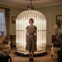 backlit photograph of young woman, standing in front of powerful dazzling orgone accumulator in 1 9 4 0's suburban living room, crisp focus, highly detailed, in roger deakins style, 4 k, ultra sharp