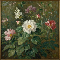 a painting of flowers in a garden by juvenal sanso, detailed