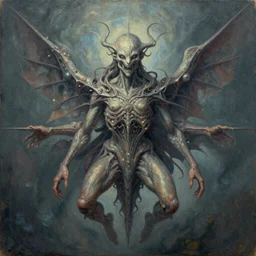 a breathtaking 3 d hand - drawn symmetrical oil canvas of an incommensurable, otherworldly entity, beyond the laws of physics, above reason, lovecraftian, digital art, trending on artstation, catalogue raisonne, autodesk maya, hyperrealism, ultra detailed, 3 point perspective, physically - based rendering, photoshopped