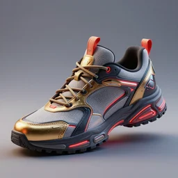 realistic 3 d render of a cyberpunk android sneaker, beautiful studio lighting, soft, sharp focus, neon cyberpunk highlights, intricate detail, gold and red accents, soft rubber, octane render, side view, close up, trending on artstation, deviantart, jakub rebelka