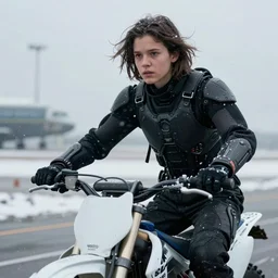 cinestill 5 0 d candid photographic portrait by helen levitt of a mixed teen cyborg wearing rugged black mesh techwear riding on a dirtbike through an airport, extreme closeup, modern cyberpunk moody emotional cinematic, snow storm, 8 k, hd, high resolution, 3 5 mm, f / 3 2, ultra realistic faces, ex machina
