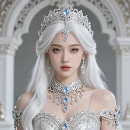 portrait of pretty princess with white hair, beauty, ornate and intricate diamond jewelry, jaw dropping, ornate and intricate backdrop, white accent lighting, hyper detailed, 4 k octane render