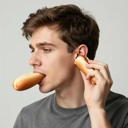 man sticking a hot - dog into his ear