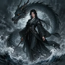 dark fantasy female dark sorceress, with japanese dragon, surrounded by storm and waves, highly detailed, qichao wang, artgerm, cushart krenz, zeronis, trending on artstation, soft light, sharp edges, illustration, character design, concept art