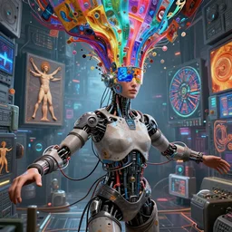 a hyperrealistic human cyborg with limbs stretched out, tied with electrical cables connected to an infinite supercomputer, flood of color and images flowing from his head, tesseract, vitruvian man, 3 d render, octane, trending on artstation, concept art, insane details