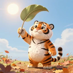a highly detailed cartoon cute tiger flapping a cattail leaf fan, shining sun high in sky, autumn leaves on the ground, concise lines, ultradetailed environment, sharp focus, cinematic lighting, by alphonse maria mucha and kim jung gi