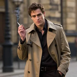 photorealistic photography of beautiful jean dujardin in the artist, posing as a charismatic thief!, with a light brown trench coat and a cigarette, in dresden files movie, hd
