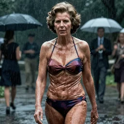 margaret thatcher covered in rain wearing bikini, atmospheric moody hyper realistic award winning color cinematic still 8 k