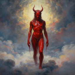 realistic painting of a red bloody satanic figure standing in the middle of heaven by michael whelan, ultra realistic, 8 k, trending on artstation, octane renderer, mesmerizing, aesthetic, beautiful