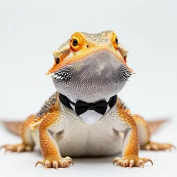 macro photo of a bearded dragon wearing a tuxedo