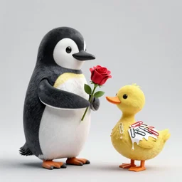 a penguin made of teeth giving a rose to duck made of dripping paperclips, a duck made of dripping paperclips, studio lighting, 4k
