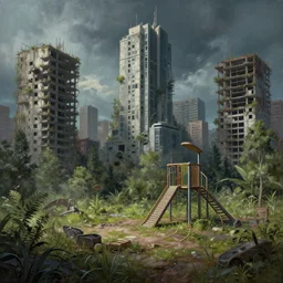 a beautiful ultradetailed painting of urbex city architecture abandoned playground unfinished building nature by mike winkelmann, synthwave wilderness cyberpunk dramatic lighting postcyberpunk, archdaily, wallpaper, highly detailed, trending on artstation.