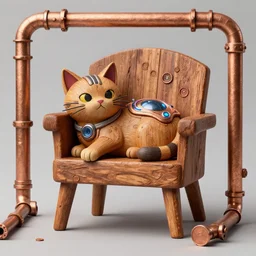 cat character laying, wood carved chair, cute cat, cyber punk cat, dyson sphere program, super powers, concept art, by greg rutkowski, old copper pipes, complementing colors