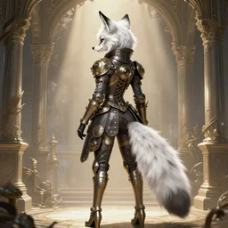 the full body of anthropomorphic lynx fursona from behind wearing a steampunk suit as unimaginably beautiful, gorgeous, elegant, young woman with lynx head, an ultrafine hyperdetailed illustration by furaffinity, intricate linework, white fur, unreal engine 5 highly rendered, global illumination, radiant light, detailed and intricate environment, no feral, no taur