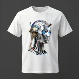 mockup of a tshirt with a chrome statue of a steampunk futuristic robot head wearing brain sensors with multicolored tubes and a headset, 8 k, front shot, symetrical, flourescent colors, halluzinogenic, multicolored, insanely detailed, front shot, 3 d render, octane