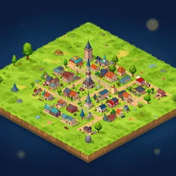isometric view of a small town, on an alien grassland, from a space themed point and click 2 d graphic adventure game, set design inspired by marco bittner rosser, art inspired by thomas kinkade