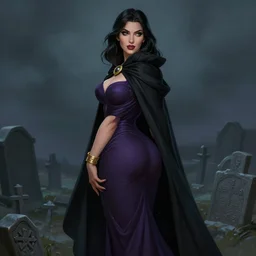 Fantasy portrait, Necromancer, female, alluring, beautiful face, dark garments, dark pruple robes, gold bracelet, Black cloak from neck to ankles, pin-up, shapely toned derriere, graveyard background, matte painting, by WLOP, artstation