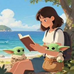 a girl reading a book by the sea with Grogu by her side, in the style of Greg Rutkowsky, digital art, very detailed, high definition